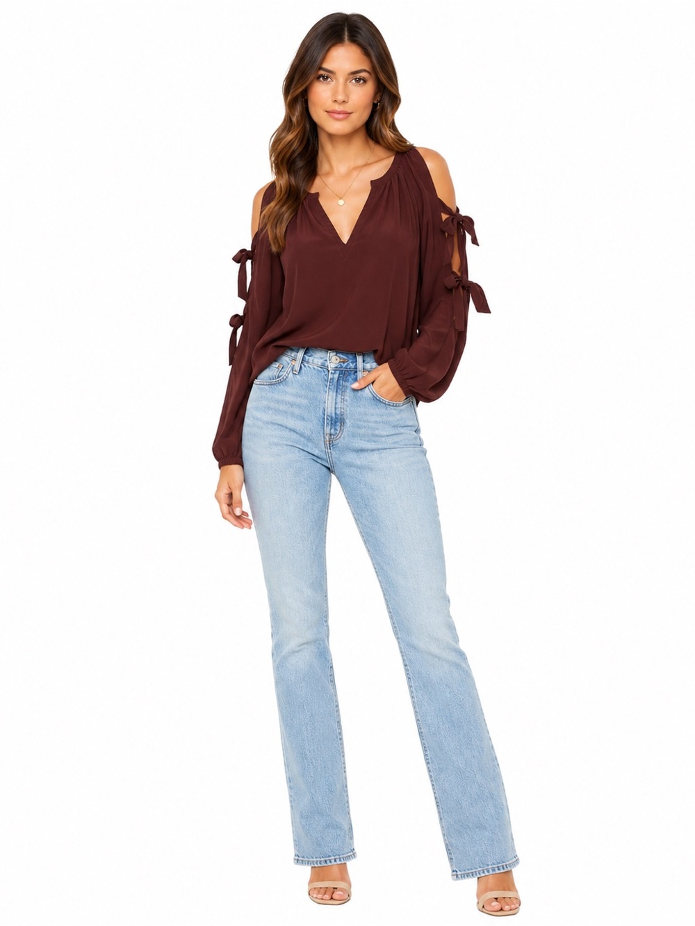 Chaser Women’s Silk V-Neck Slit Bow Cut Out Long Sleeves Silk Blouse Top